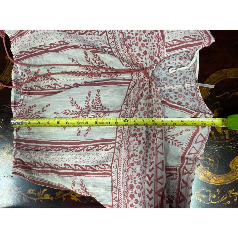 Free People Yo Yo Geo Peasant Blouse Red Cream Paisley Lace Up Tassel Boho M - Picture 9 of 16